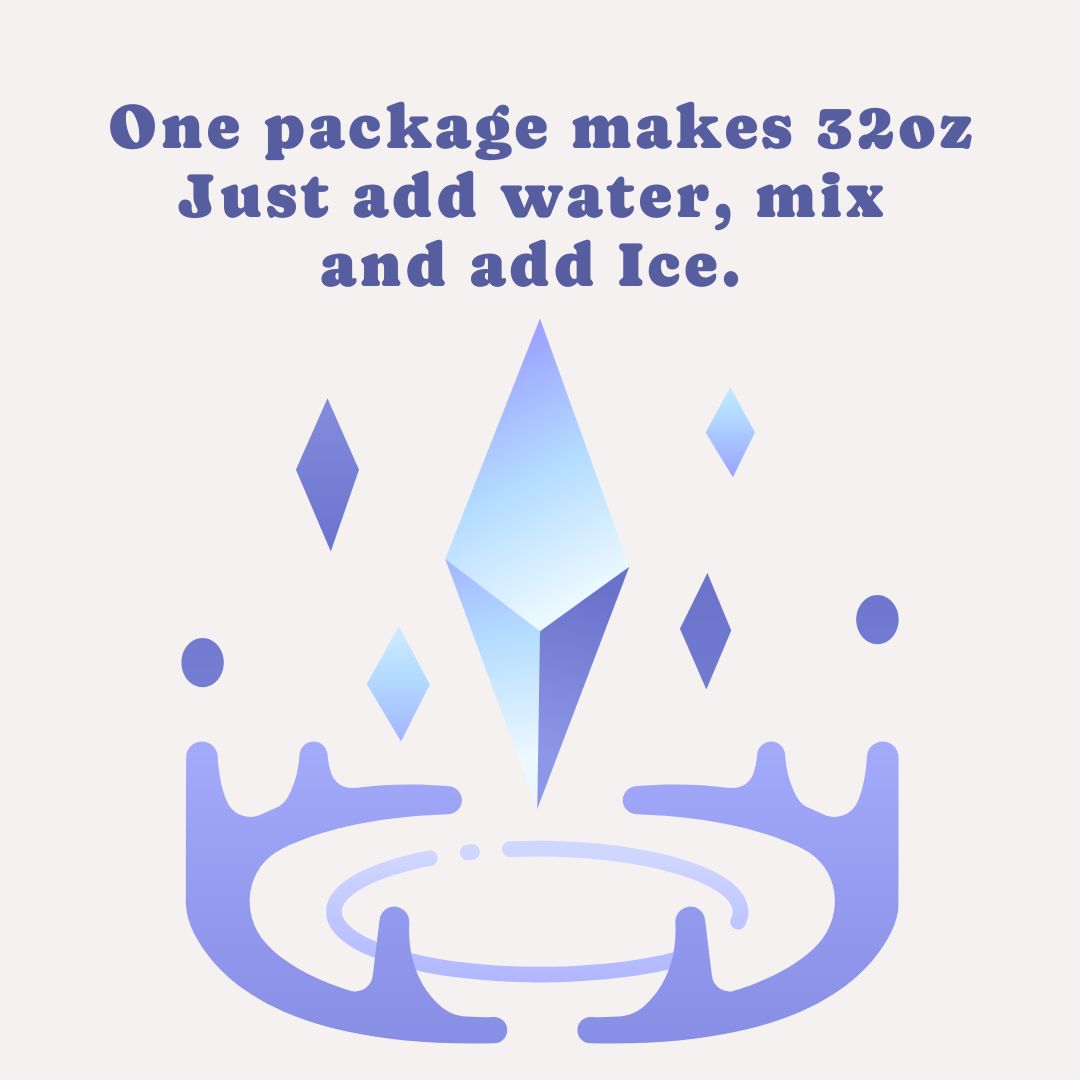 Blue instant tea powder being added to a mason jar filled with ice in a sunlit forest, showcasing a magical hydration drink preparation.