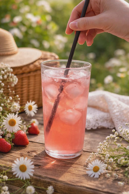 Glass of pink iced drink with a straw on a wooden table, surrounded by flowers and strawberries.