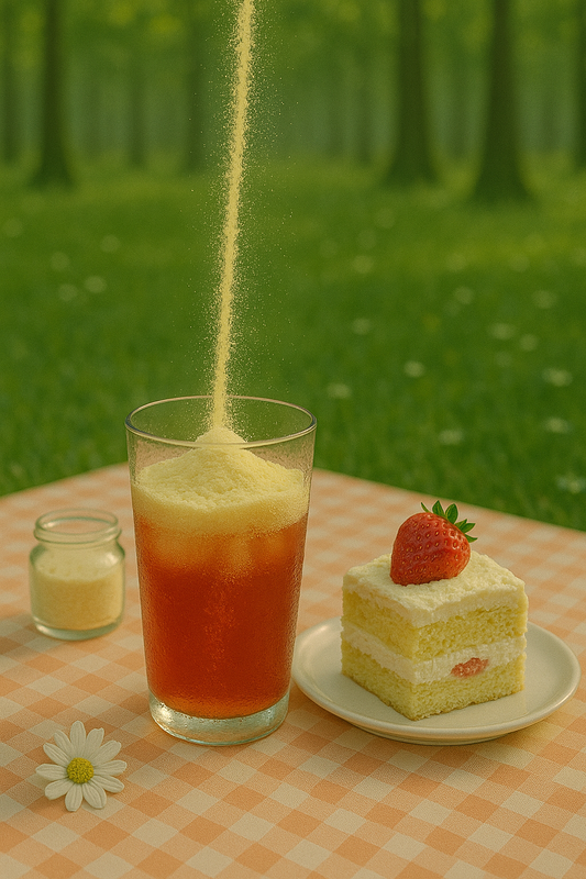 Strawberry Shortcake Berry Dragoncake instant tea powder being poured into a glass with a slice of strawberry shortcake on a picnic table.