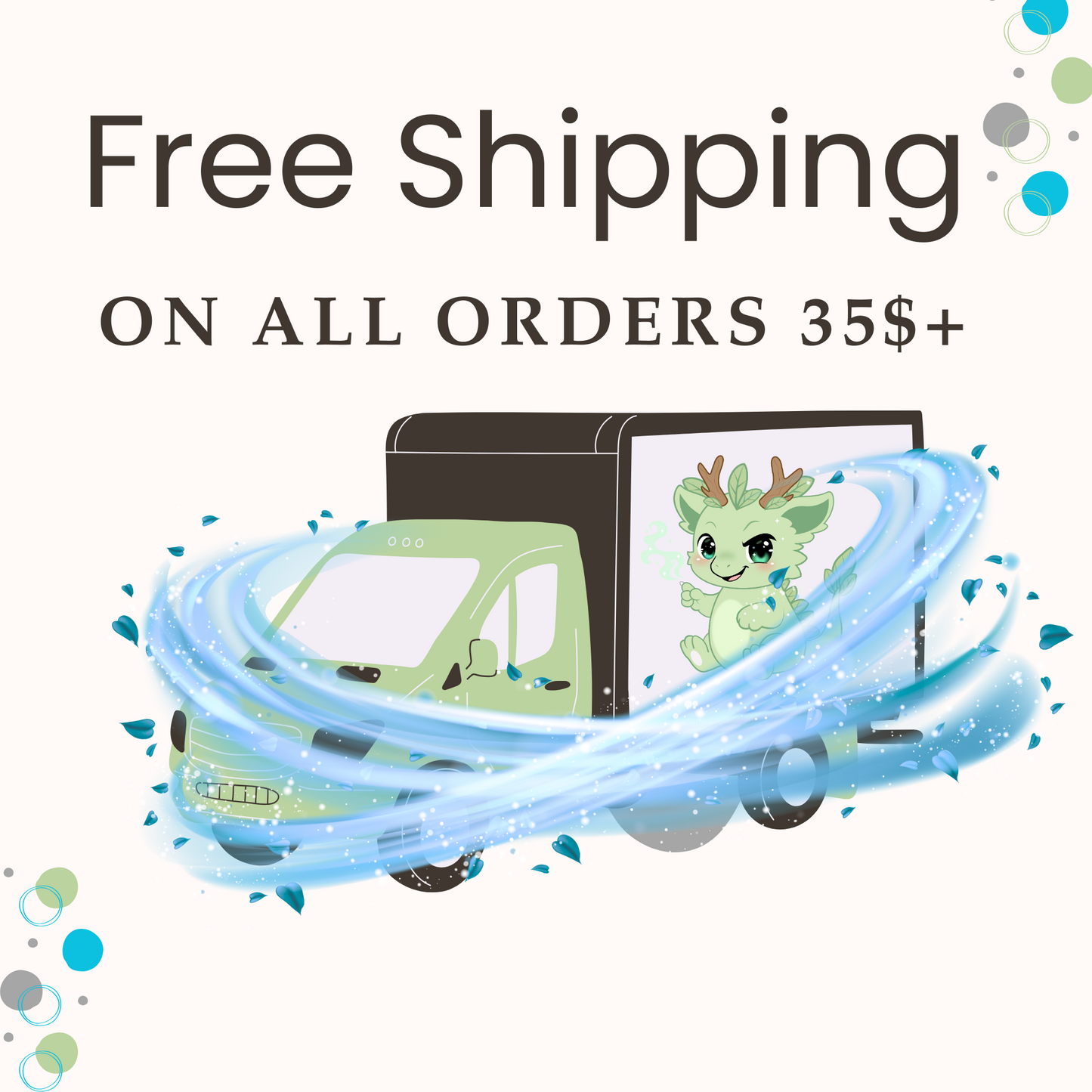 Free shipping promotion for Berry Dragoncake instant tea orders over $35 featuring a delivery truck and whimsical dragon-themed design.