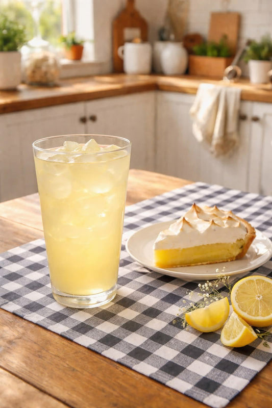 Glass of lemonade with a slice of lemon pie on a checkered tablecloth in a kitchen.