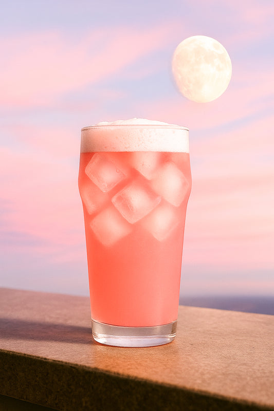 Blue instant tea powder being added to a mason jar filled with ice in a sunlit forest, showcasing a magical hydration drink preparation.
