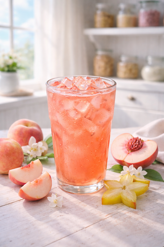 Stardrop loaded tea powder pouring into peach starfruit iced drink in cozy magical kitchen setting