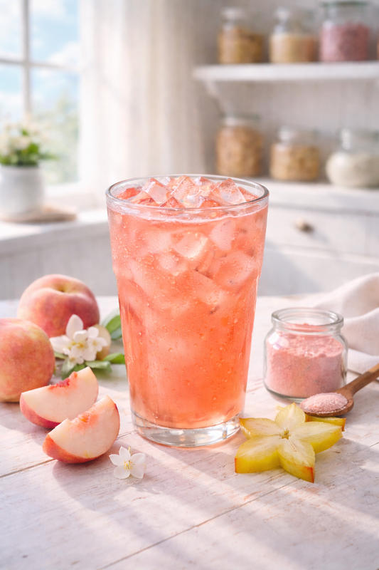 Stardrop peach starfruit loaded tea in tall iced glass with glowing tropical potion styling and dreamy golden peach vibes