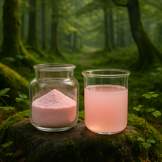 Blue instant tea powder being added to a mason jar filled with ice in a sunlit forest, showcasing a magical hydration drink preparation.