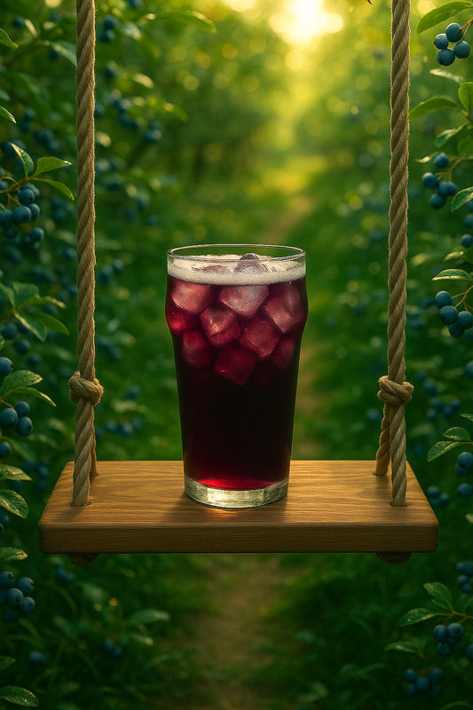 Blue instant tea powder being added to a mason jar filled with ice in a sunlit forest, showcasing a magical hydration drink preparation.