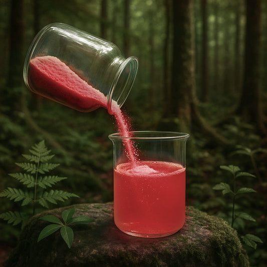 Blue instant tea powder being added to a mason jar filled with ice in a sunlit forest, showcasing a magical hydration drink preparation.