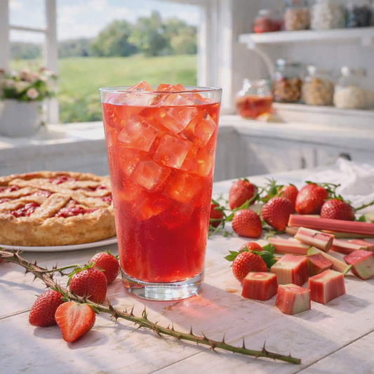 Ruby Thorn strawberry rhubarb pie loaded tea bright pink iced drink in glass with strawberries and rhubarb