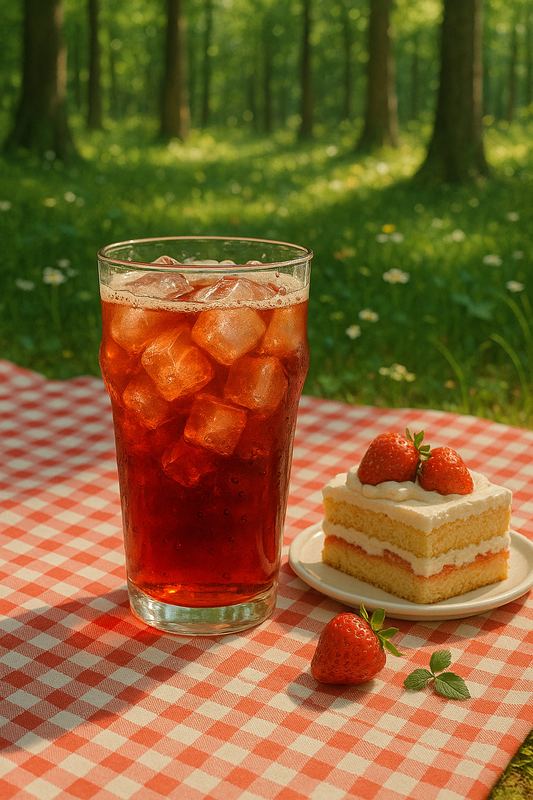 Berry Dragoncake - Strawberry Shortcake instant tea served over ice beside a slice of strawberry shortcake on a picnic table in a forest setting.
