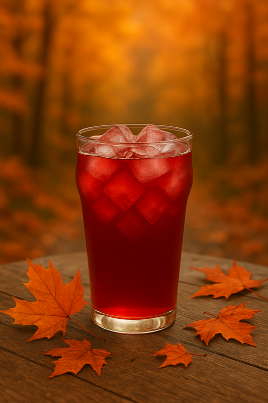 Blue instant tea powder being added to a mason jar filled with ice in a sunlit forest, showcasing a magical hydration drink preparation.