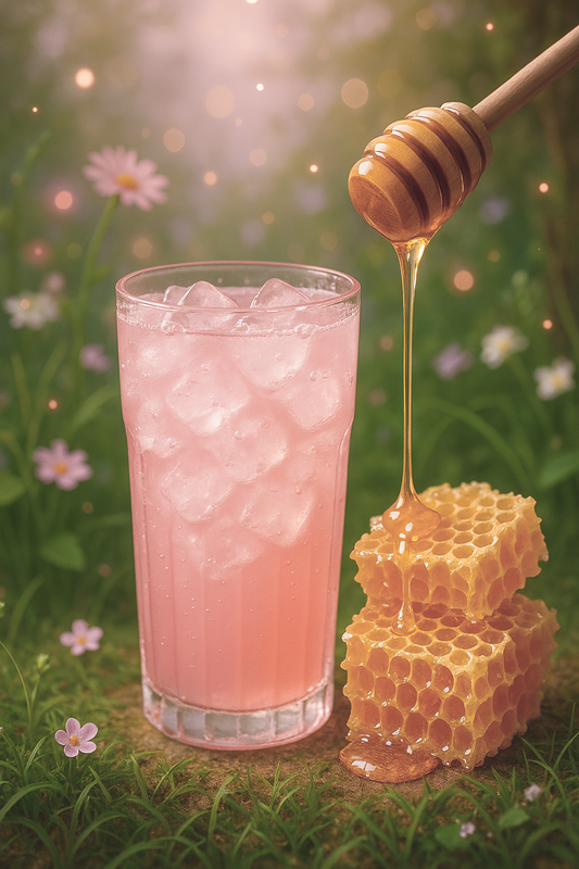 Blue instant tea powder being added to a mason jar filled with ice in a sunlit forest, showcasing a magical hydration drink preparation.