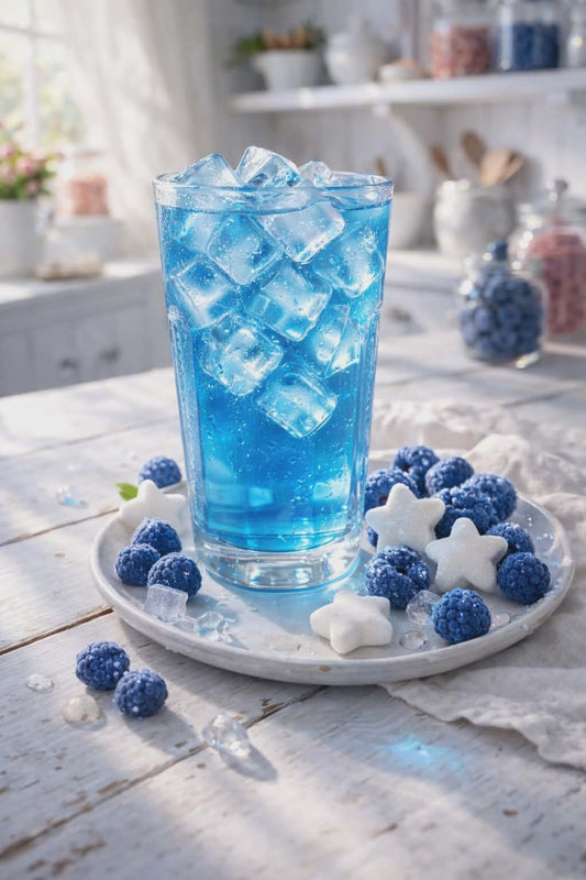 BubbleMist blue raspberry cotton candy loaded tea in tall iced glass with pastel blue potion styling and magical shimmer
