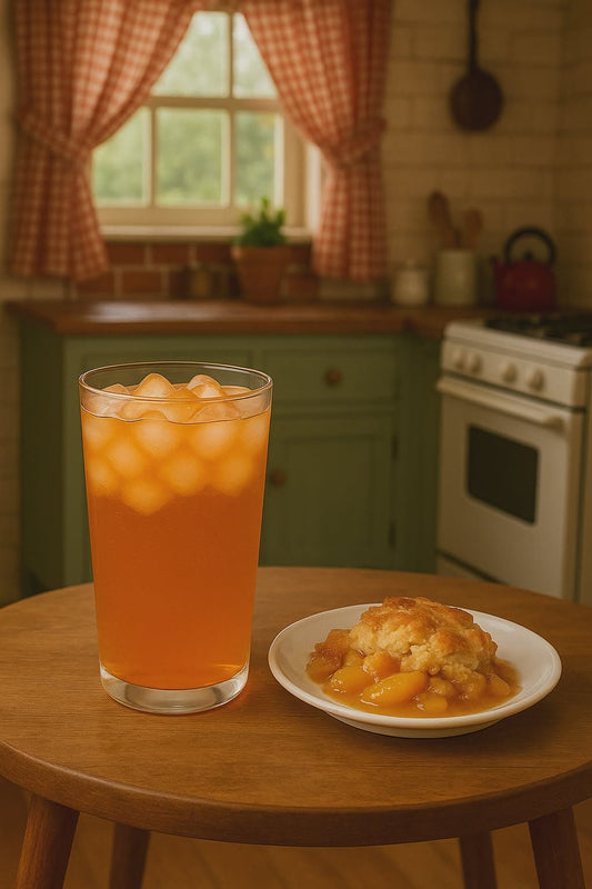 Glass of peach iced tea with a plate of dessert on a wooden table in a kitchen.