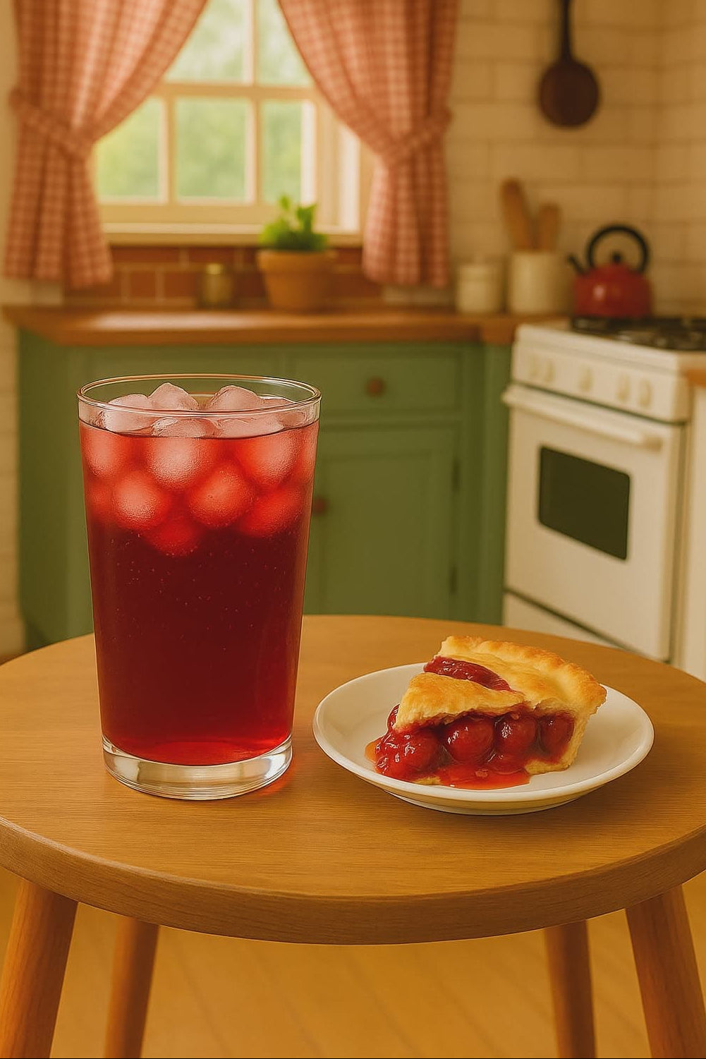 Glass of cherry tea with ice and a slice of cherry pie on a wooden table in a kitchen.