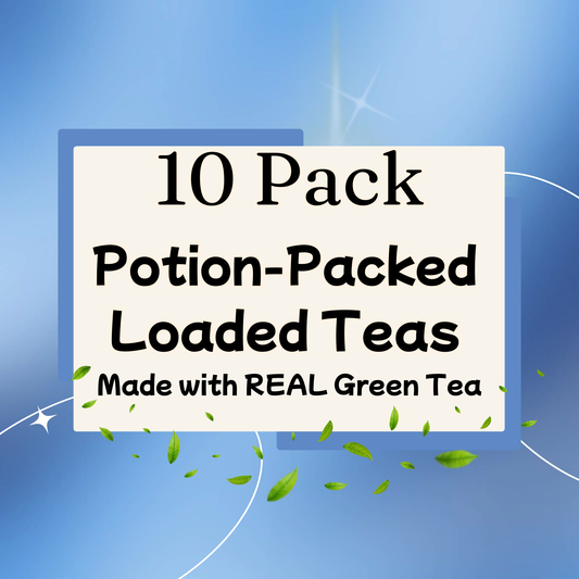 Promotional graphic for '10 Pack Loaded Teas' made with REAL Green Tea on a blue background.