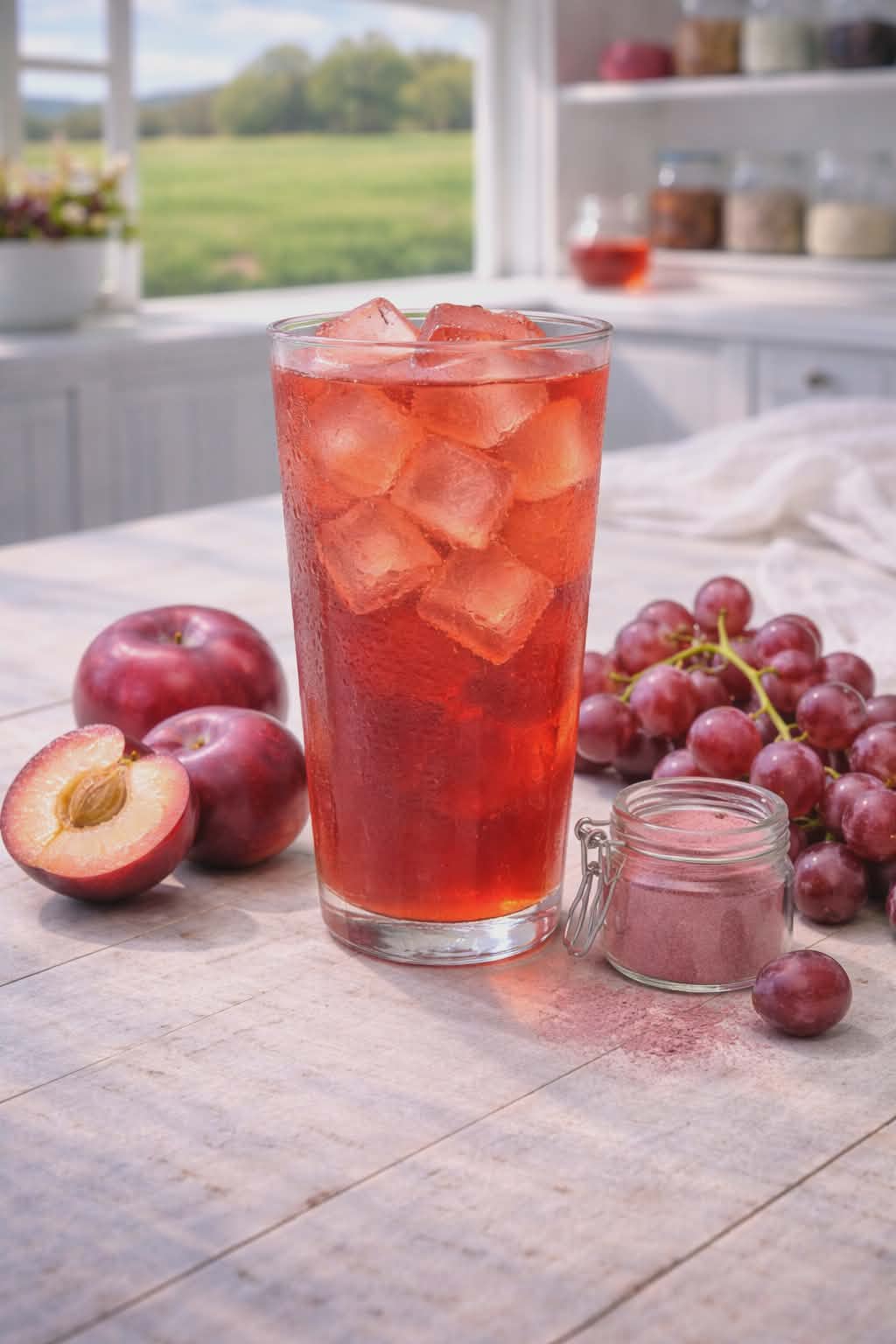 plum grape iced tea drink with condensation glass
