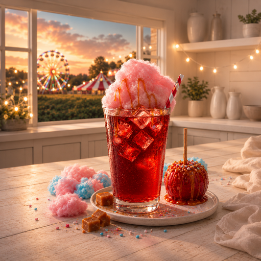 Festive drink with cotton candy and caramel apple on a table with a sunset and ferris wheel in the background.