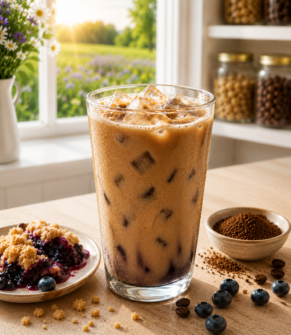Blueberry Cobbler Iced Latte in a sunlit cottage pantry kitchen, served over ice in a clear pint glass with fresh blueberries, blueberry cobbler, instant coffee granules, and a meadow view through the window.