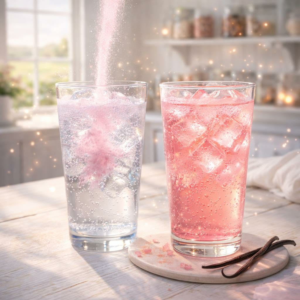 DreamPop pink cream soda loaded tea powder pouring into sparkling iced drink beside finished pastel pink potion in cozy magical kitchen setting
