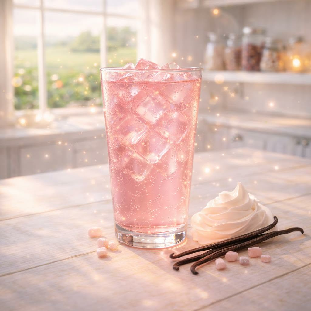 DreamPop pink cream soda loaded tea in tall glass with ice and soft pastel candy drink styling
