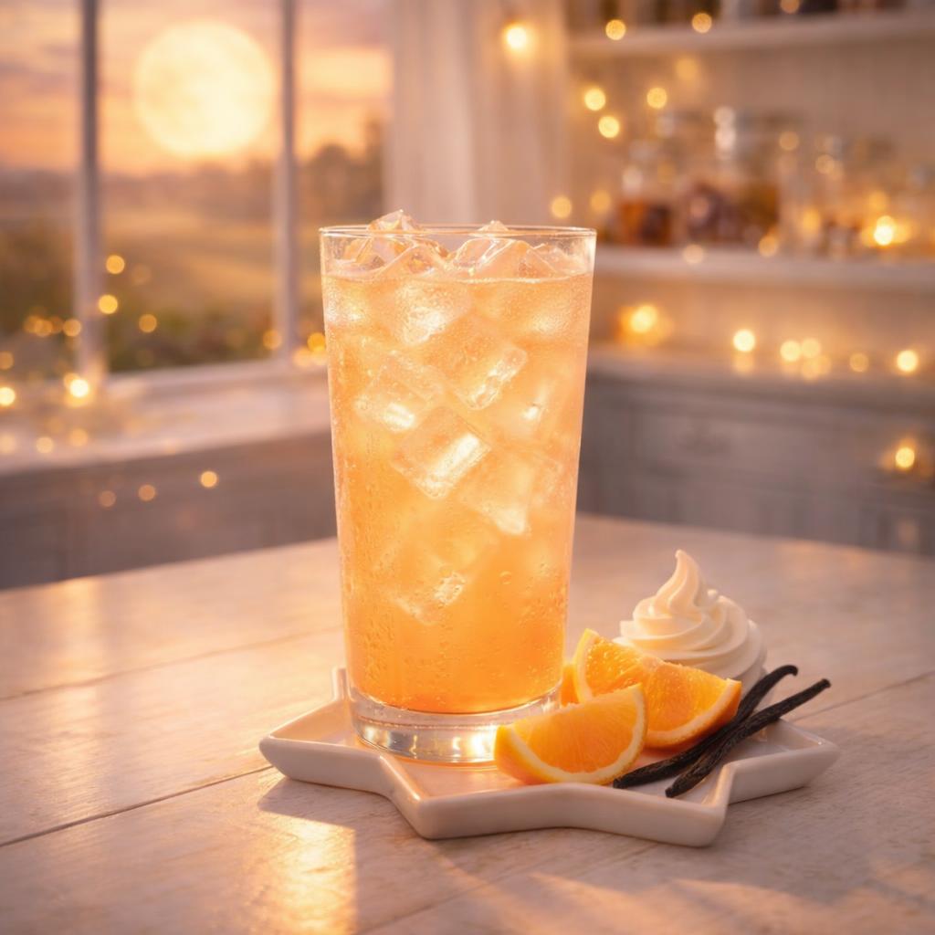 Dreamsicle orange cream loaded tea in tall glass with ice and creamy citrus dessert styling
