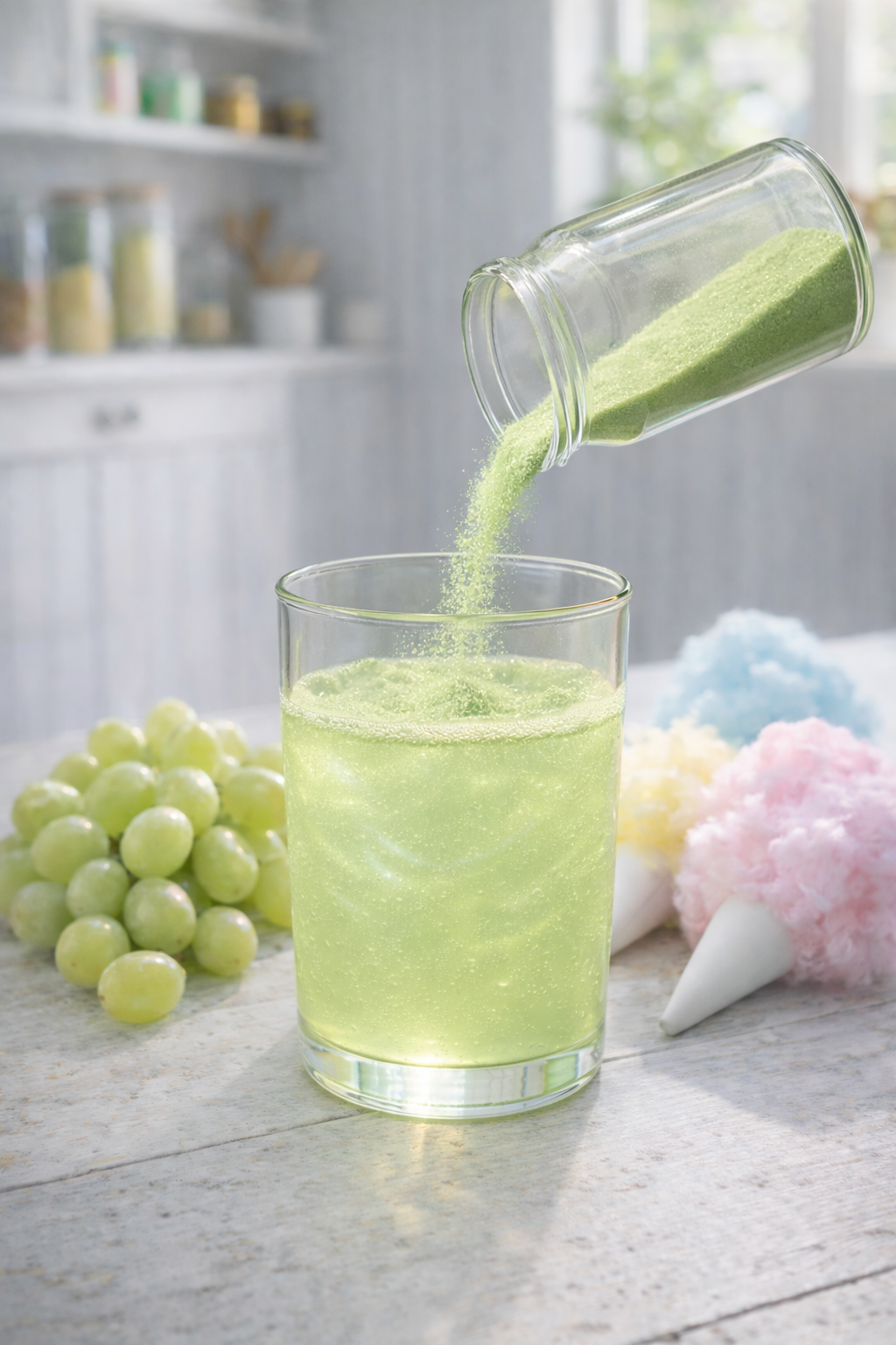 Green powder being poured into a glass of green liquid with grapes and cotton candy on a wooden surface.