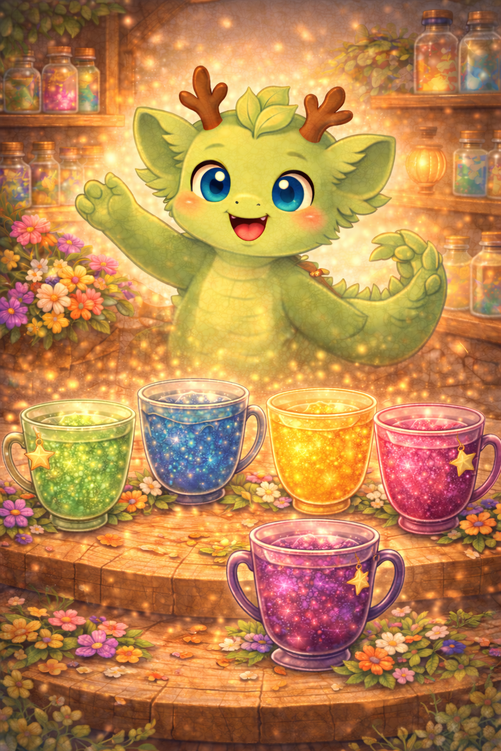 Spriggle teafarious dragon mascot with 5 glitter teas 