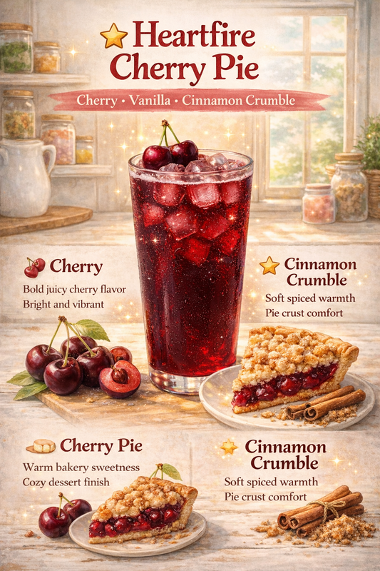 Heartfire Cherry Pie advertisement with cherry pie, cherry drink, and cinnamon crumble on a wooden table.