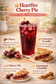 Heartfire Cherry Pie advertisement with cherry pie, cherry drink, and cinnamon crumble on a wooden table.