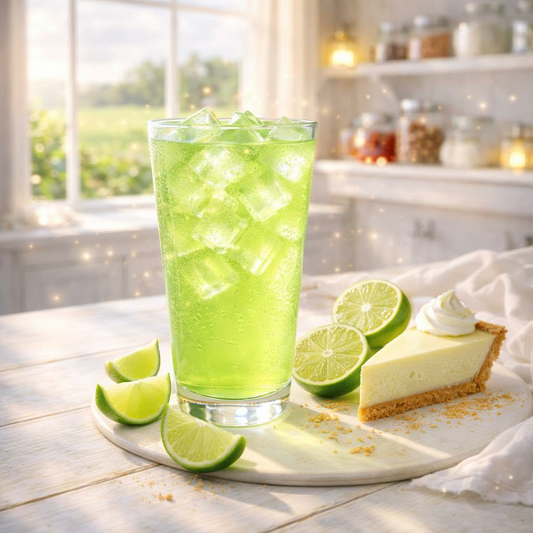 Lime green iced loaded tea with slice of keylime pie 