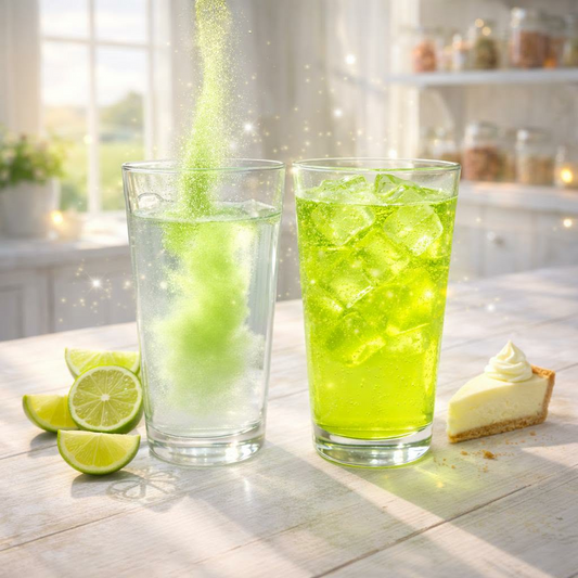 Lime green iced tea with powder pouring into water to create mixed drink 