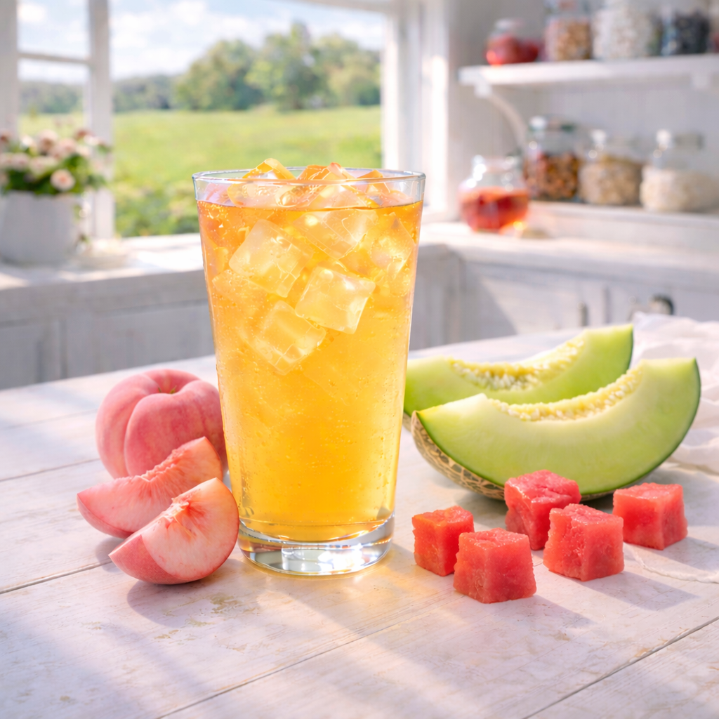 Glass of iced tea with peaches and watermelon on a table outdoors