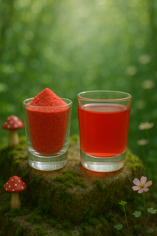 Blue instant tea powder being added to a mason jar filled with ice in a sunlit forest, showcasing a magical hydration drink preparation.