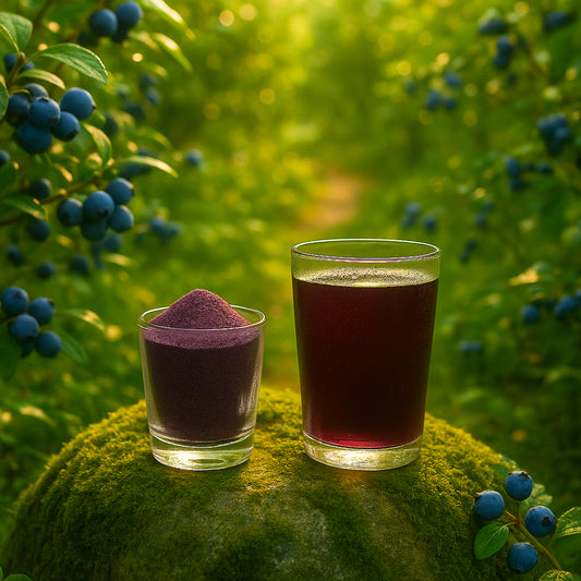 Blue instant tea powder being added to a mason jar filled with ice in a sunlit forest, showcasing a magical hydration drink preparation.