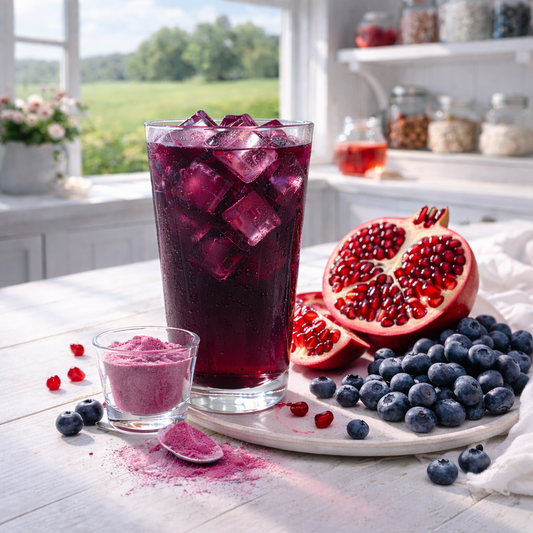 Glass of purple iced drink with pomegranate, blueberries, and a scoop of pink powder on a kitchen counter.