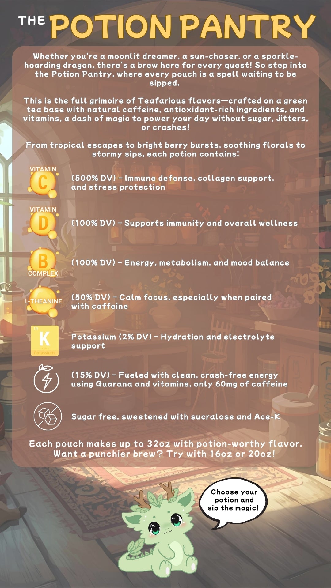 Promotional graphic for 'The Potion Pantry' with product details and a cartoon potion dragon.