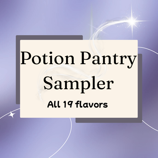 Text 'Potion Pantry Sampler All 19 flavors' on a white background with a purple gradient.