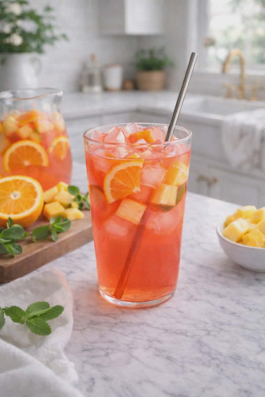 Glass of pink iced tea with oranges and pineapple on a kitchen counter