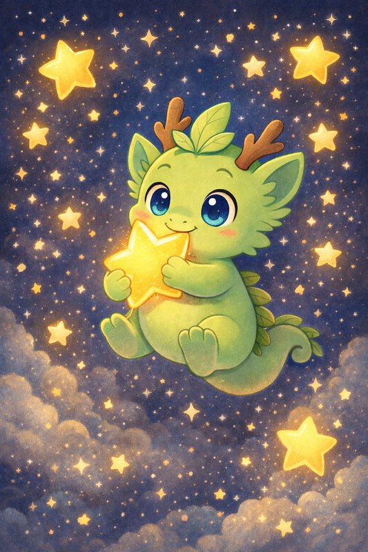 Illustration of a green dragon-like creature holding a star in a starry night sky.