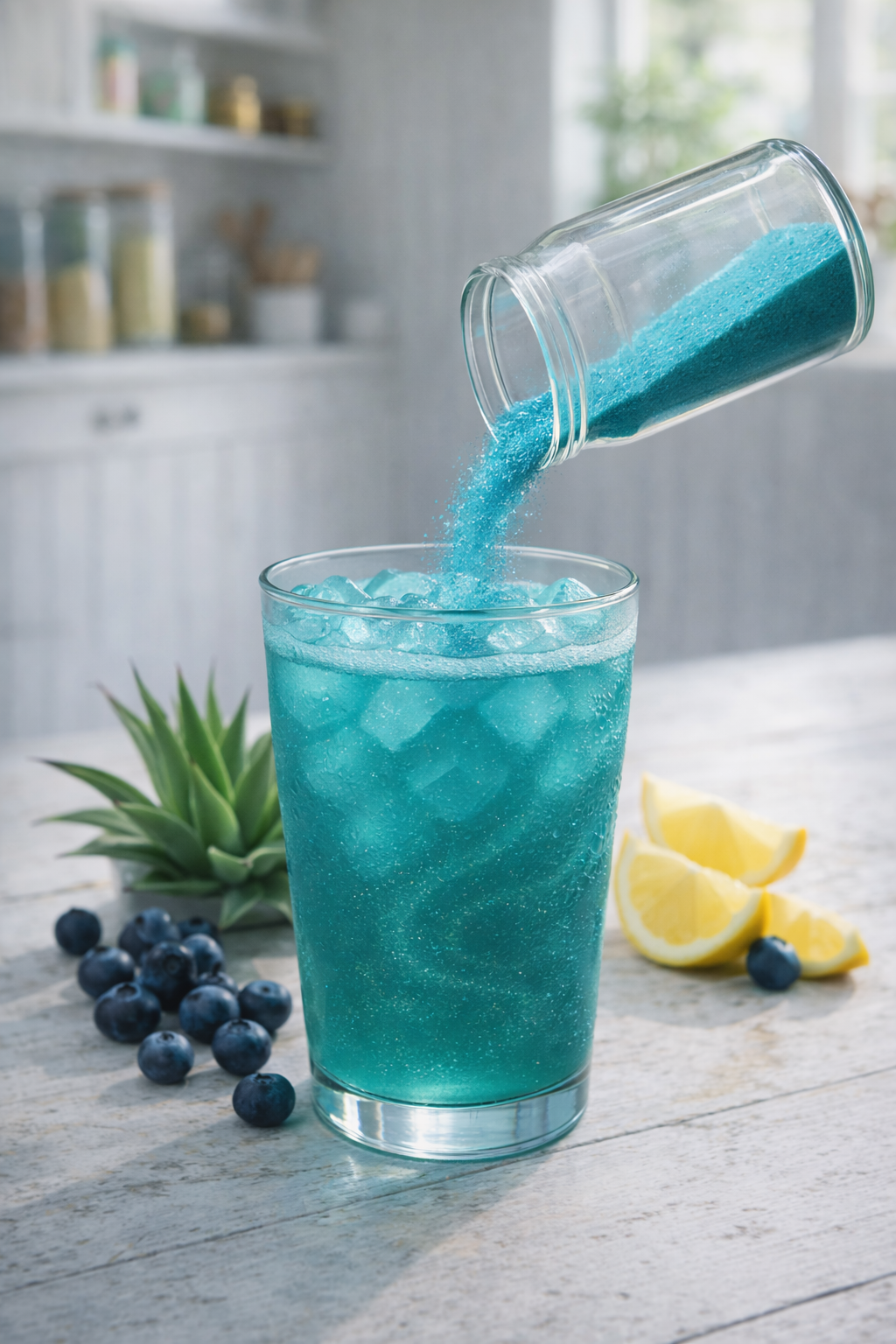 Blue powder being poured into a glass of blue liquid with lemons and blueberries on a wooden surface.