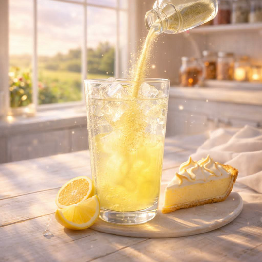 Glass of lemonade being poured with a slice of lemon and pie on a wooden table.