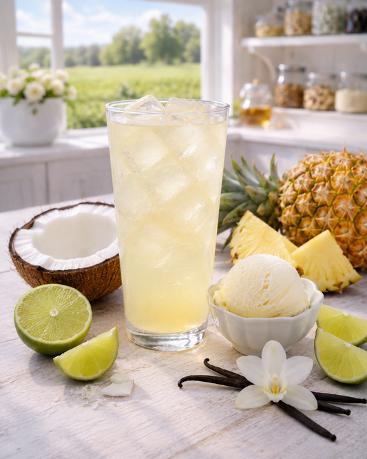orbet Sunrise loaded tea featuring tropical piña colada, bright lime sorbet, and smooth vanilla flavors. This zero-sugar loaded tea contains 60mg caffeine and makes up to 32oz for refreshing, low-caffeine energy. Pale yellow iced tea served in a clear glass with a sunny tropical-inspired presentation.