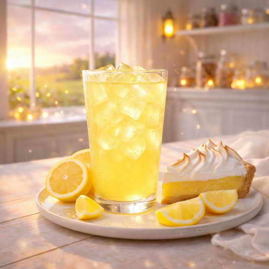 Sunwhip lemon meringue pie loaded tea in tall glass with ice and creamy lemon dessert styling
