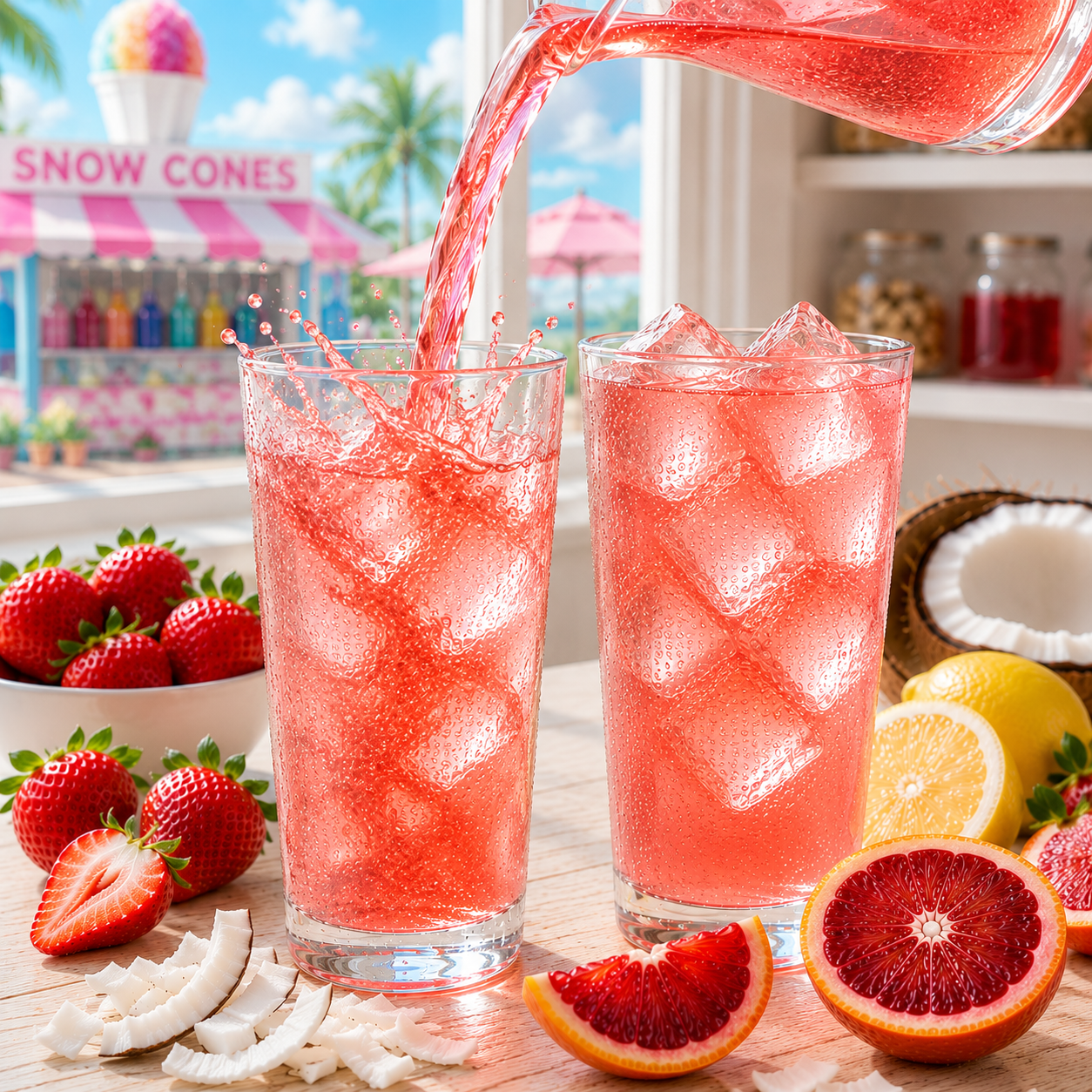 Tiger's Blood loaded tea being poured over ice into a tall glass beside a finished glass of bright pink-red iced tea. Fresh strawberries, blood orange slices, lemon wedges, and coconut pieces surround the drinks on a sunlit kitchen table. A colorful snow cone stand is visible through the window, creating a fun summer refreshment vibe