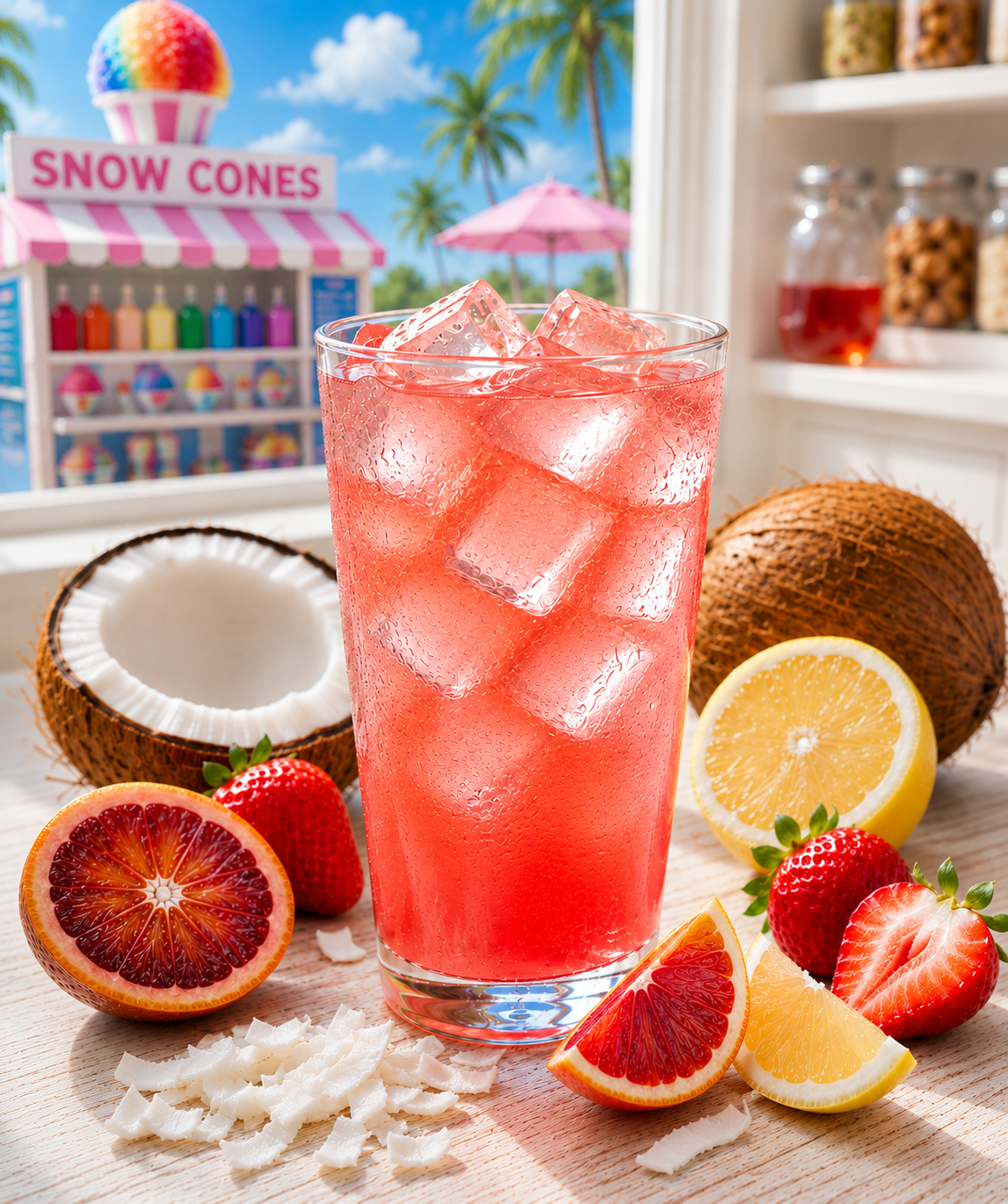 Tiger's Blood loaded tea served over ice in a tall glass, surrounded by fresh strawberries, blood orange slices, lemon wedges, and coconut flakes on a sunlit kitchen table. Through the window, a colorful snow cone stand with bright syrup bottles and tropical palm trees creates a fun summer-inspired backdrop.