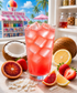 Tiger's Blood loaded tea served over ice in a tall glass, surrounded by fresh strawberries, blood orange slices, lemon wedges, and coconut flakes on a sunlit kitchen table. Through the window, a colorful snow cone stand with bright syrup bottles and tropical palm trees creates a fun summer-inspired backdrop.