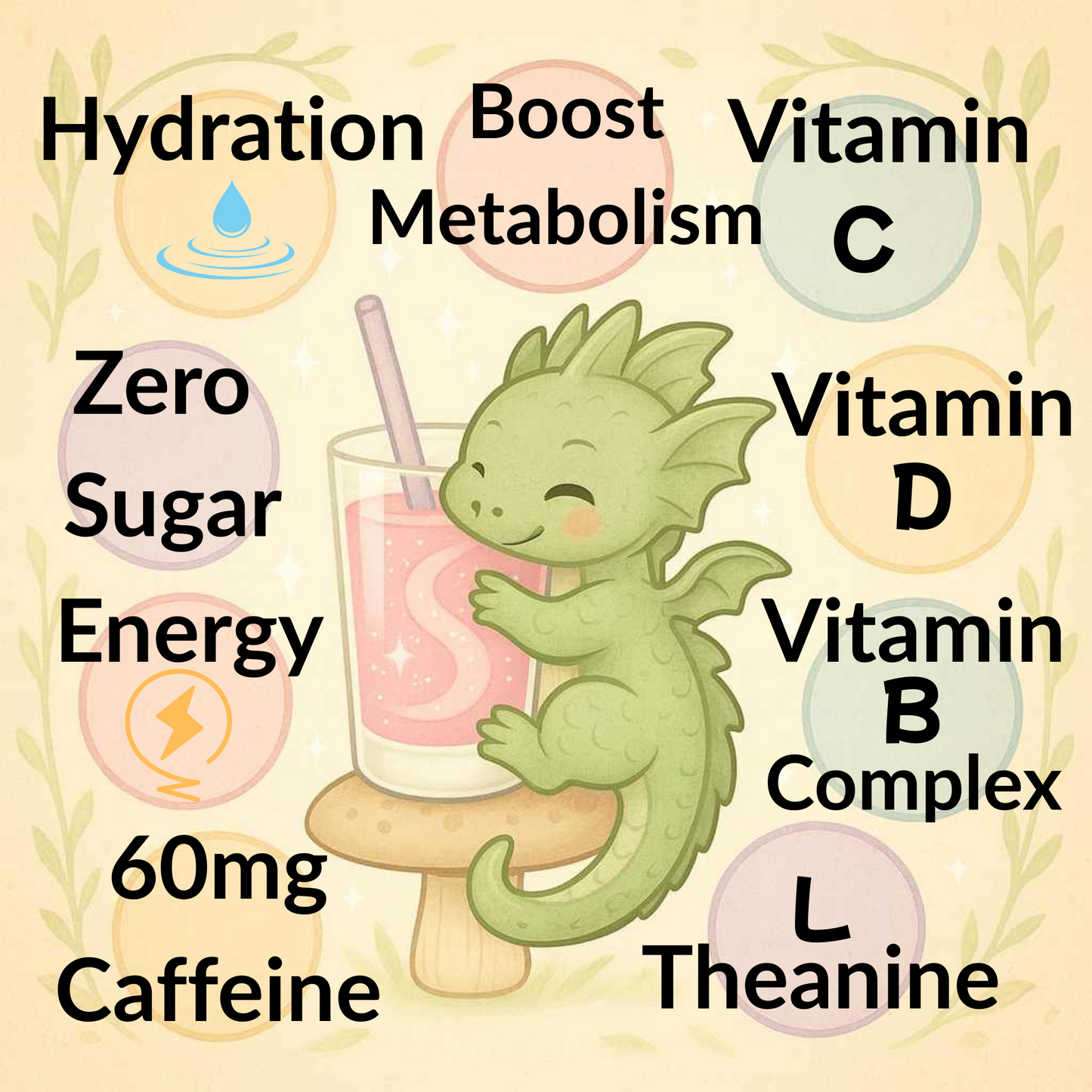 Illustration of a green dragon with a drink highlighting Berry Dragoncake tea benefits like hydration, vitamins, energy, and zero sugar.