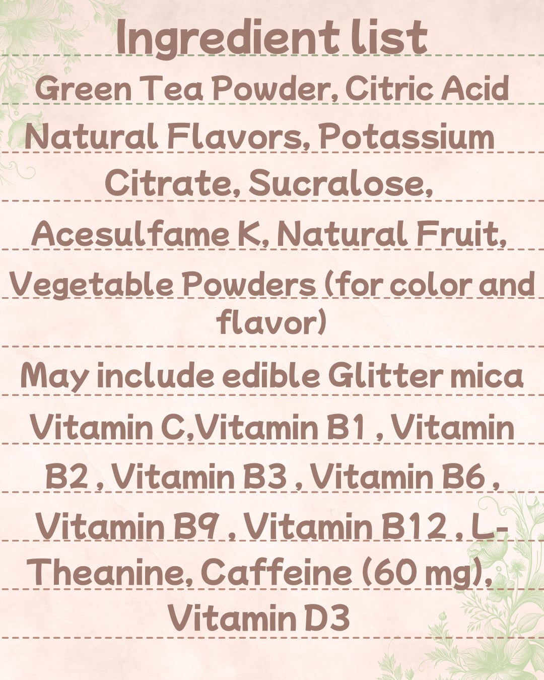 Ingredient list of a product on a light pink background