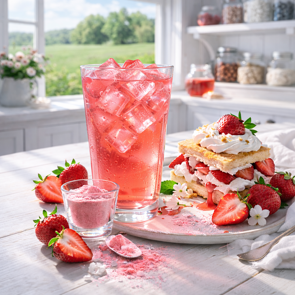 Strawberry shortcake with a glass of strawberry lemonade on a table with a window view.