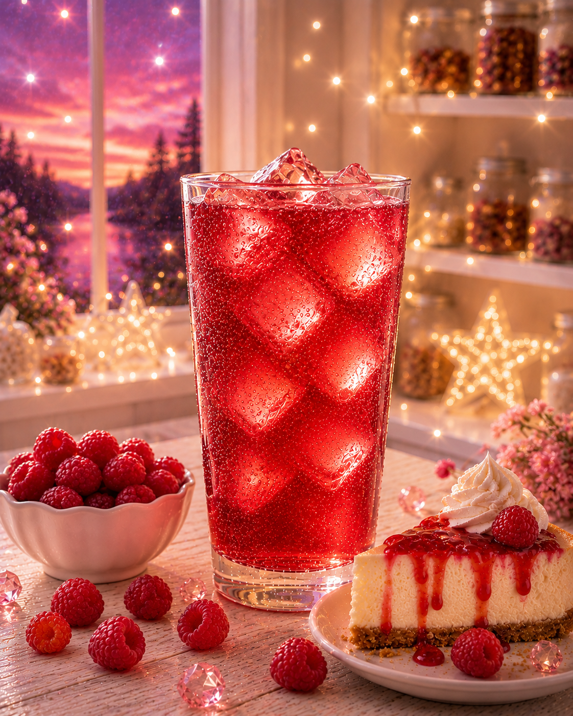 A vibrant raspberry-red iced tea filled with sparkling ice is displayed on a white wooden countertop in a charming potion pantry. Fresh raspberries, a slice of raspberry cheesecake with glossy berry topping, soft pink flowers, twinkling fairy lights, and a dreamy pink sunset outside the window create a whimsical fantasy dessert-inspired drink scene